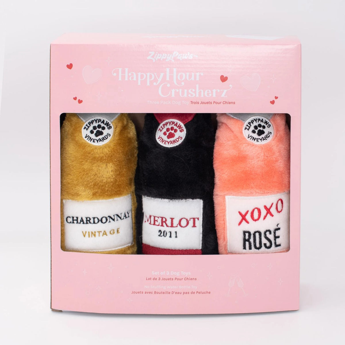 Zippy Paws Happy Hour Crusherz Valentine's three-pack gift box with plush bottle dog toys