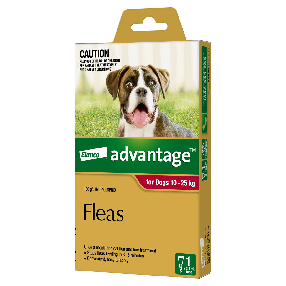 Advantage flea treatment for dogs 10-25kg, red band, single pipette pack – front