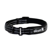 Alcott Adventure reflective dog collar in black with the alcott logo tag