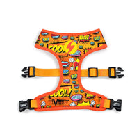 Dashi Boom Neo Mesh dog harness, comic speech-bubble print with orange trim and buckles, laid flat