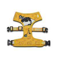 Dashi x Popeye Brutus Neo Mesh dog harness in mustard yellow with Brutus cartoon print, laid flat