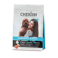 Front of the 3kg Cherish Amazing Adult dry dog food bag, showing a woman holding a brown curly-coated dog