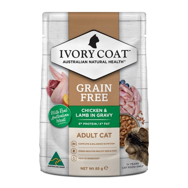Ivory Coat Grain Free Adult Wet Cat Food Chicken & Lamb in Gravy - 85g | PeekAPaw Pet Supplies