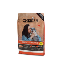Front of the 8kg Cherish Mindful Mature Small Bites dry dog food bag, chicken and salmon, with a woman and dog