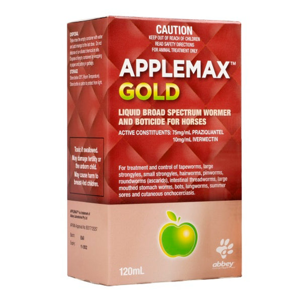 Abbey Animal Health Applemax Gold Liquid Broad Spectrum Wormer And Boticide For Horses - 120ml | PeekAPaw Pet Supplies