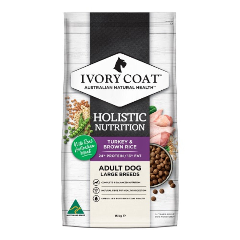Ivory Coat Holistic Nutrition Adult Large Breed Dry Dog Food Turkey & Brown Rice - 15kg | PeekAPaw Pet Supplies