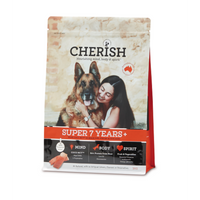 Front of the 3kg Cherish Super 7 Years+ dry dog food bag, showing a woman with a German shepherd