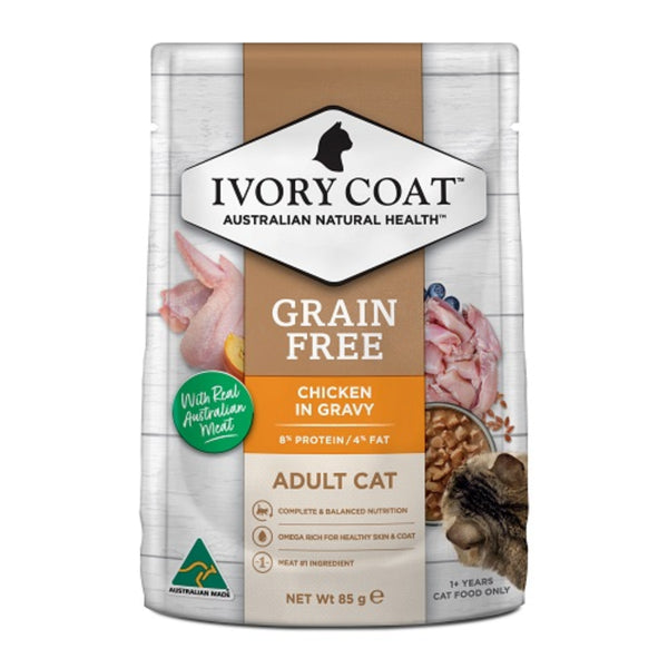Ivory Coat Grain Free Adult Wet Cat Food Chicken in Gravy - 85g | PeekAPaw Pet Supplies
