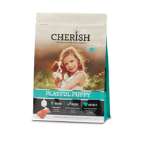 Front of the 3kg Cherish Playful Puppy dry dog food bag, showing a girl holding a puppy