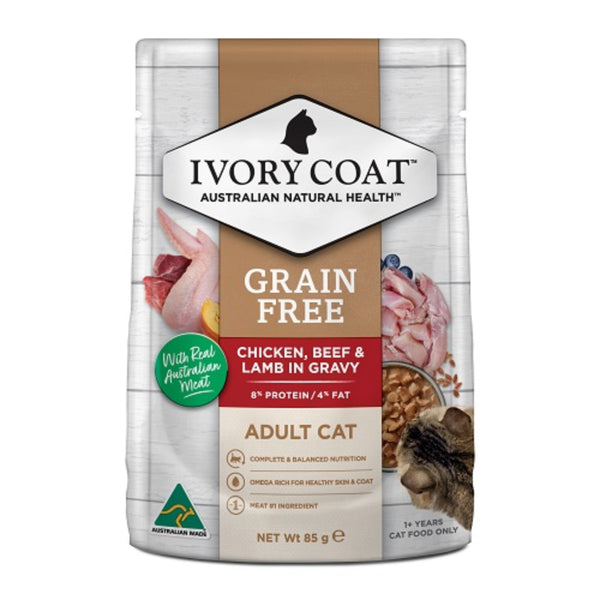 Ivory Coat Grain Free Adult Wet Cat Food Chicken, Beef & Lamb in Gravy - 85g | PeekAPaw Pet Supplies