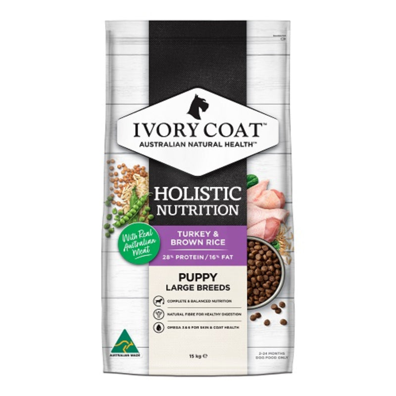 Ivory Coat Holistic Nutrition Puppy Large Breed Dry Dog Food Turkey & Brown Rice - 15kg | PeekAPaw Pet Supplies