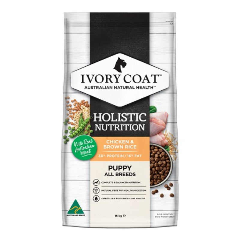 Ivory Coat Holistic Nutrition Puppy All Breeds Dry Dog Food Chicken & Brown Rice - 15kg | PeekAPaw Pet Supplies