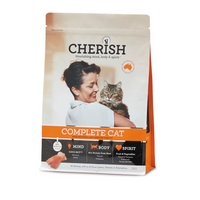 Front of the 3kg Cherish Complete Cat dry cat food bag, showing a woman holding a tabby cat