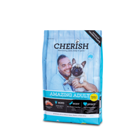 Front of the 8kg Cherish Amazing Adult Small Bites dry dog food bag, showing a man holding a French bulldog