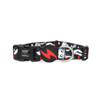 Dashi x Betty Boop Classy Betty dog collar, black webbing with Betty Boop print, red bolt tag and D-ring
