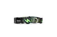 Dashi Gamer dog collar in black with a neon green pixel-art print, bolt tag and D-ring