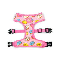 Dashi Donut Neo Mesh dog harness, iced doughnut print on pink with pink trim, laid flat