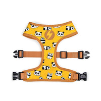 Dashi Snooze Neo Mesh dog harness, panda print on yellow with tan straps, laid flat