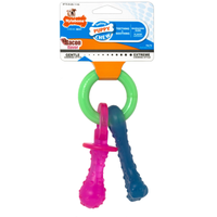 Front of the Nylabone Puppy Chew teething pacifier pack in bacon flavour, green ring with chews