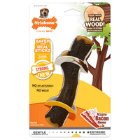 Front of the Nylabone Strong Chew real wood stick pack in maple bacon flavour, no splintering