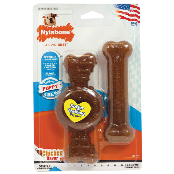 Nylabone Teething Puppy Chew Toy Ring Bone Twin Pack Chicken Flavor