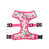 Dashi Flamingo Neo Mesh dog harness, pink flamingo and palm-leaf print with pink straps, laid flat