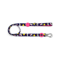 Dashi Unicorn dog lead in navy with unicorns and stars, pink bolt tag and silver trigger clip