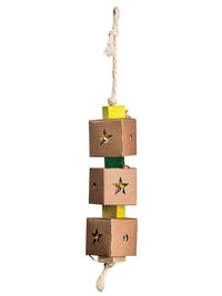 Nature Island Trio Shred N Find bird toy, three card boxes with star cut-outs stacked on rope