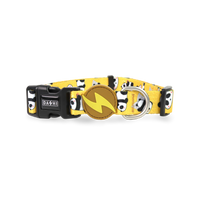 Dashi Snooze dog collar in yellow with a sleeping panda print, gold bolt tag and D-ring