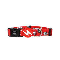Dashi x Popeye Swee'Pea dog collar in red with a Swee'Pea print and wordmark, bolt tag and D-ring