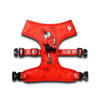Dashi x Popeye Olive Oyl Neo Mesh dog harness in red, Olive Oyl on the chest panel, laid flat