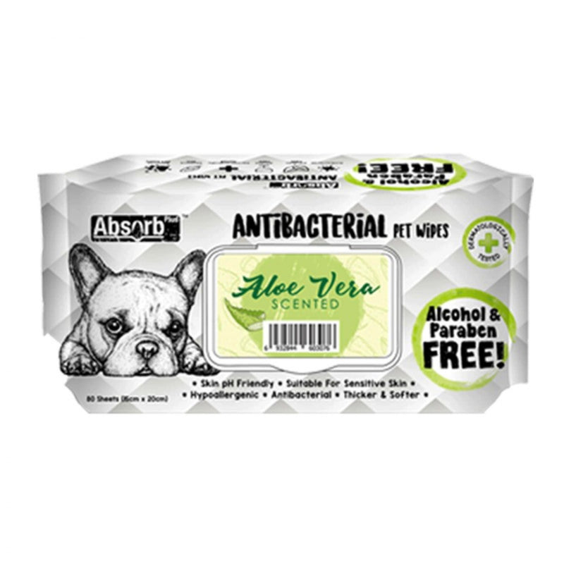Absorb Plus Antibacterial Pet Wipes 80 Sheets 20 X 15cm Aloe Vera