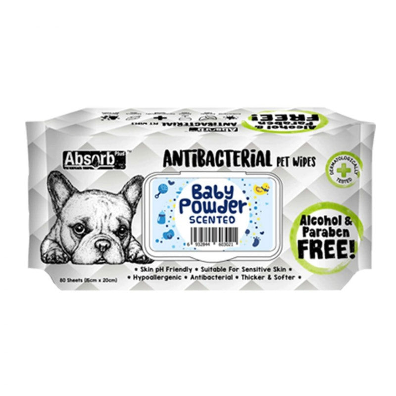 Absorb Plus Antibacterial Pet Wipes 80 Sheets 20 X 15cm Baby Powder