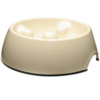 Cream anti-gulping slow feeder dog bowl with raised feeding humps, angled view