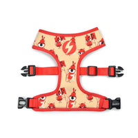 Dashi Tribes Neo Mesh dog harness, red cartoon tribal print on cream with red trim, laid flat
