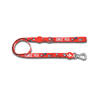 Dashi x Popeye Swee'Pea dog lead in red with a Swee'Pea print and wordmark, bolt tag and silver clip