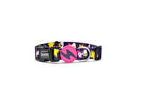 Dashi Unicorn dog collar in navy with unicorns and yellow stars, pink bolt tag and D-ring