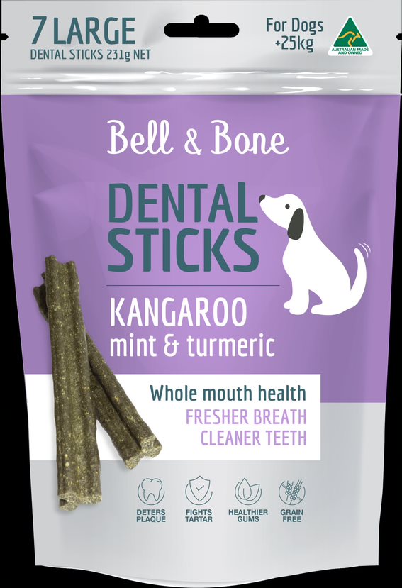 Bell & Bone Dental Sticks Treats for Large Dogs - Kangaroo, Mint & Turmeric Flavor by PeekAPaw