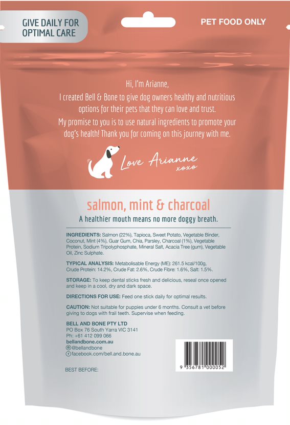 Bell & Bone Dental Sticks Treats for Large Dogs - Salmon, Mint & Charcoal Flavor by PeekAPaw