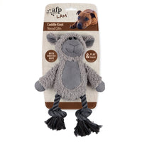 All for Paws AFP LAM Cuddle Knot grey sheep plush dog toy with knotted rope legs, on its card