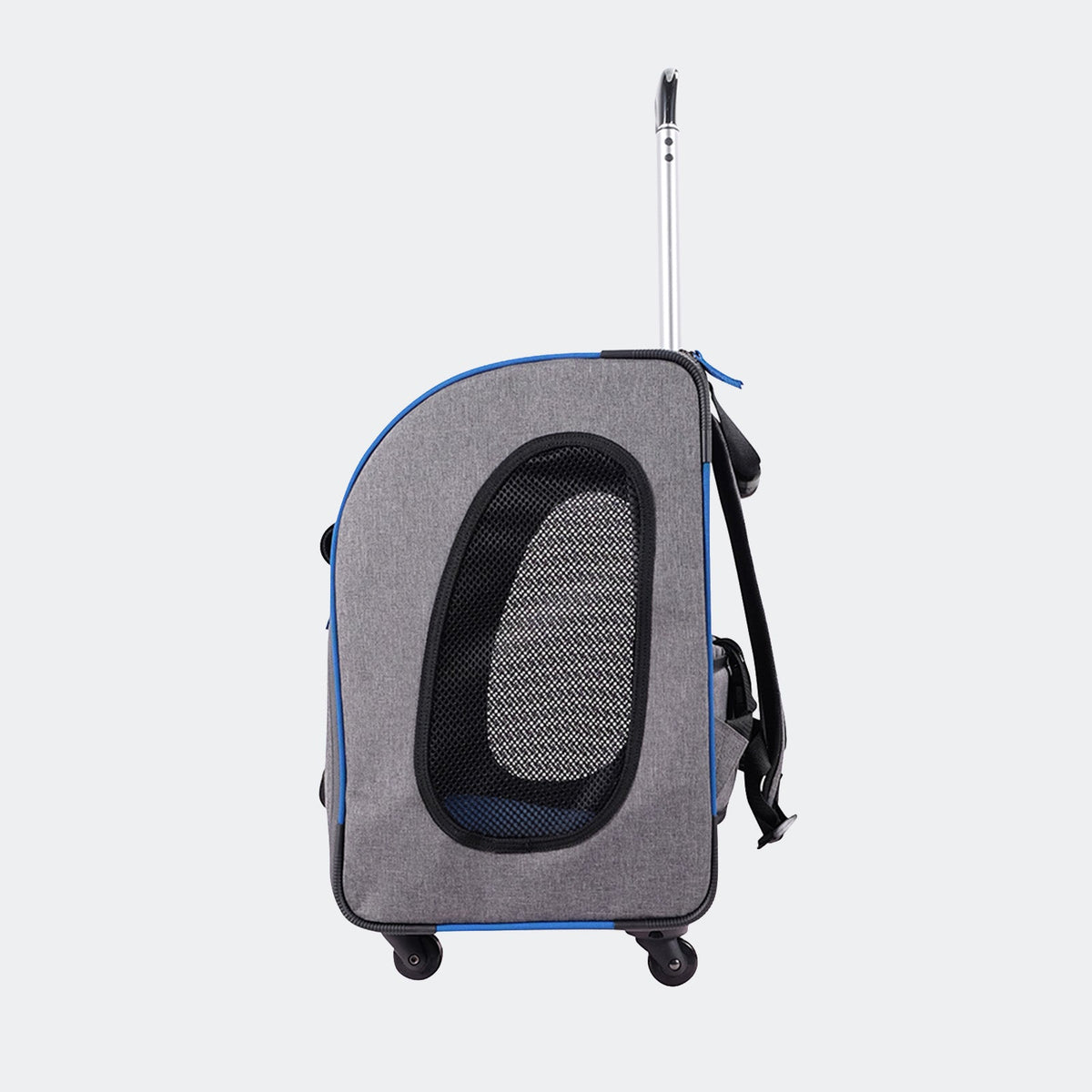 Slate and sapphire Ibiyaya wheeled pet trolley from the side with the telescopic handle up