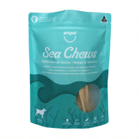 Anipal Sea Chews Adult Dental Sticks for dogs, 210g teal pouch with a chew visible through the window