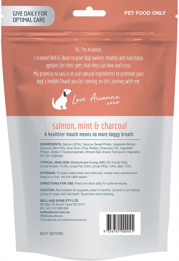 Bell & Bone Dental Sticks Treats for Medium Dogs - Salmon, Mint & Charcoal Flavor by PeekAPaw