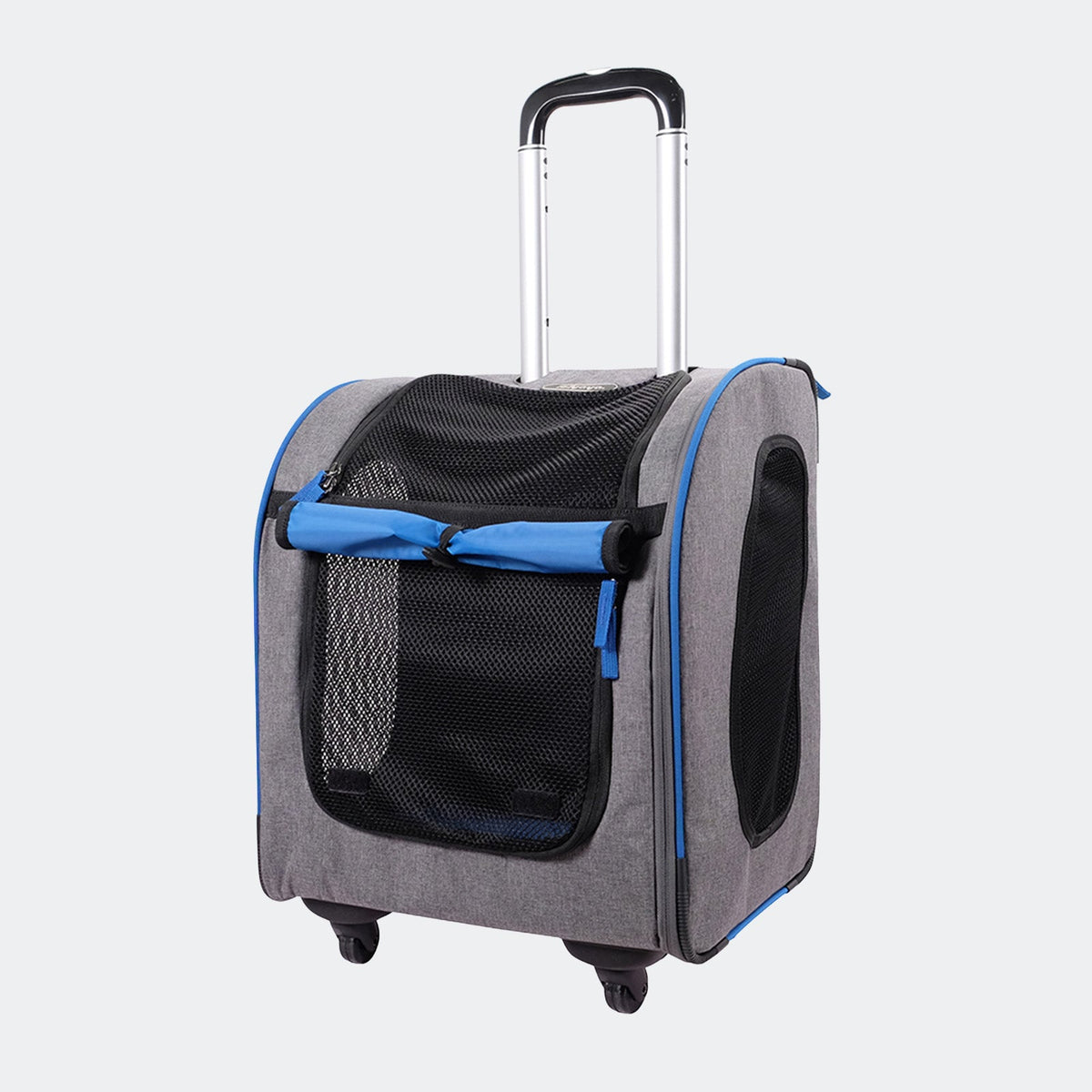 Slate and sapphire Ibiyaya wheeled pet trolley seen from the front with the handle extended
