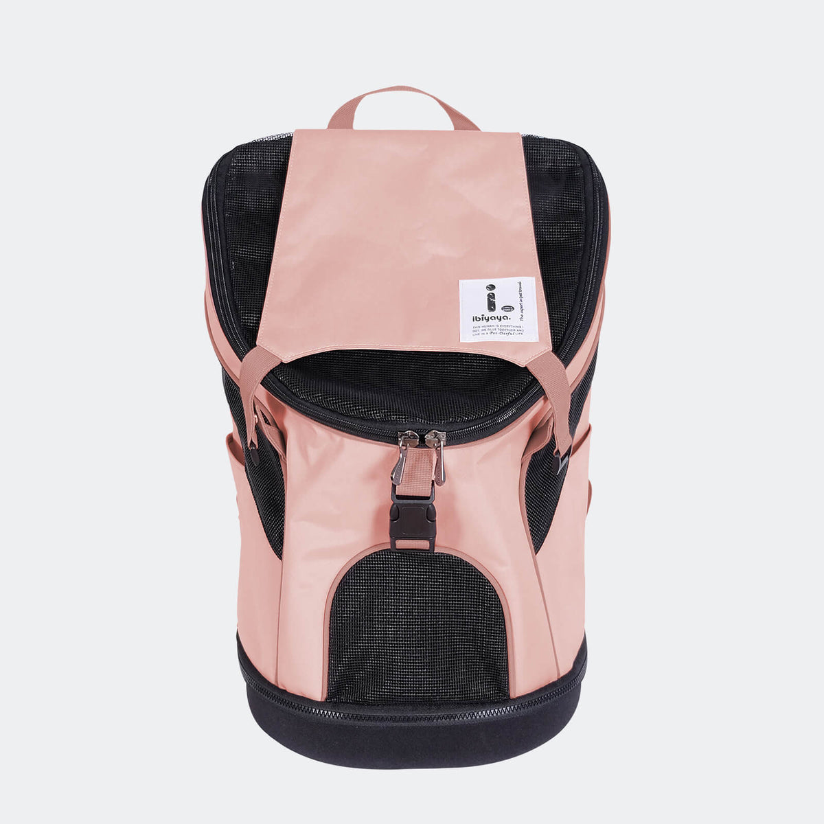 Ibiyaya Ultralight Pro backpack pet carrier in coral pink, front view with the mesh panel