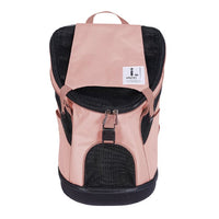 Ibiyaya Ultralight Pro backpack pet carrier in coral pink, front view with the mesh panel