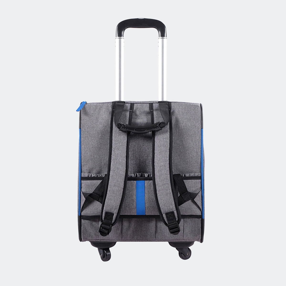 Back of the slate and sapphire Ibiyaya wheeled pet trolley, showing the stowable backpack straps