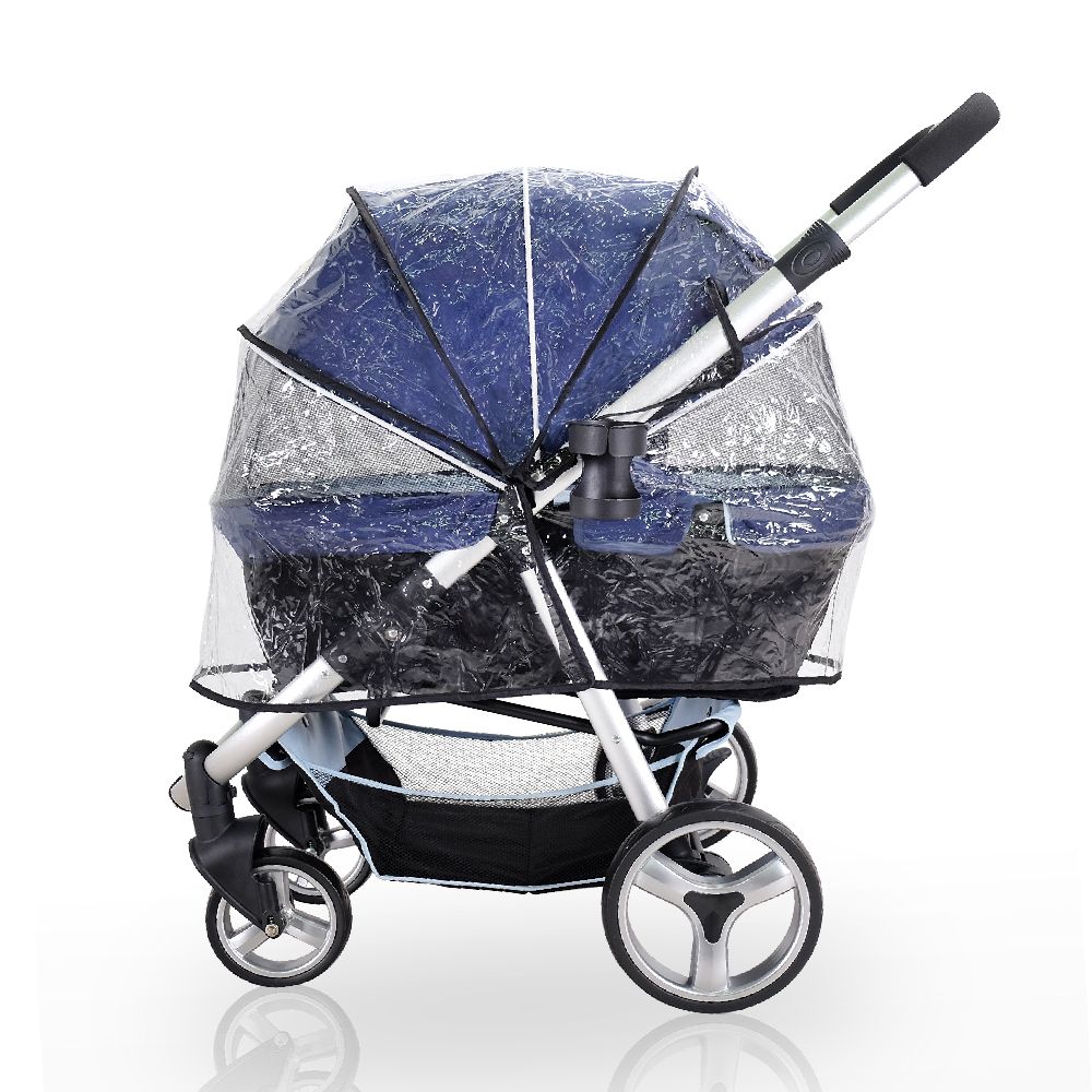 Ibiyaya Universal rain cover fitted over a navy four-wheel pet stroller
