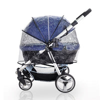 Ibiyaya Universal rain cover fitted over a navy four-wheel pet stroller