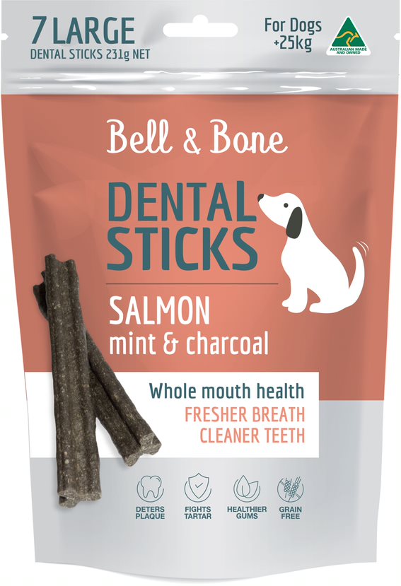 Bell & Bone Dental Sticks Treats for Large Dogs - Salmon, Mint & Charcoal Flavor by PeekAPaw
